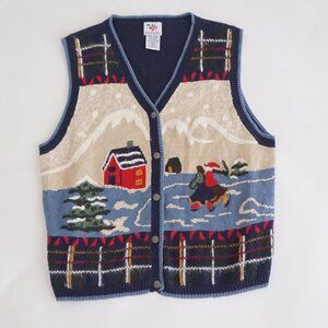 Vintage Nutcracker Navy Scenic Cabin Winter Sweater Vest Holiday Cabincore XL